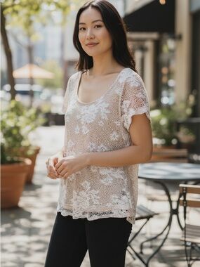 Lace Overlay Scoop Neck Top in Beige by Sussan